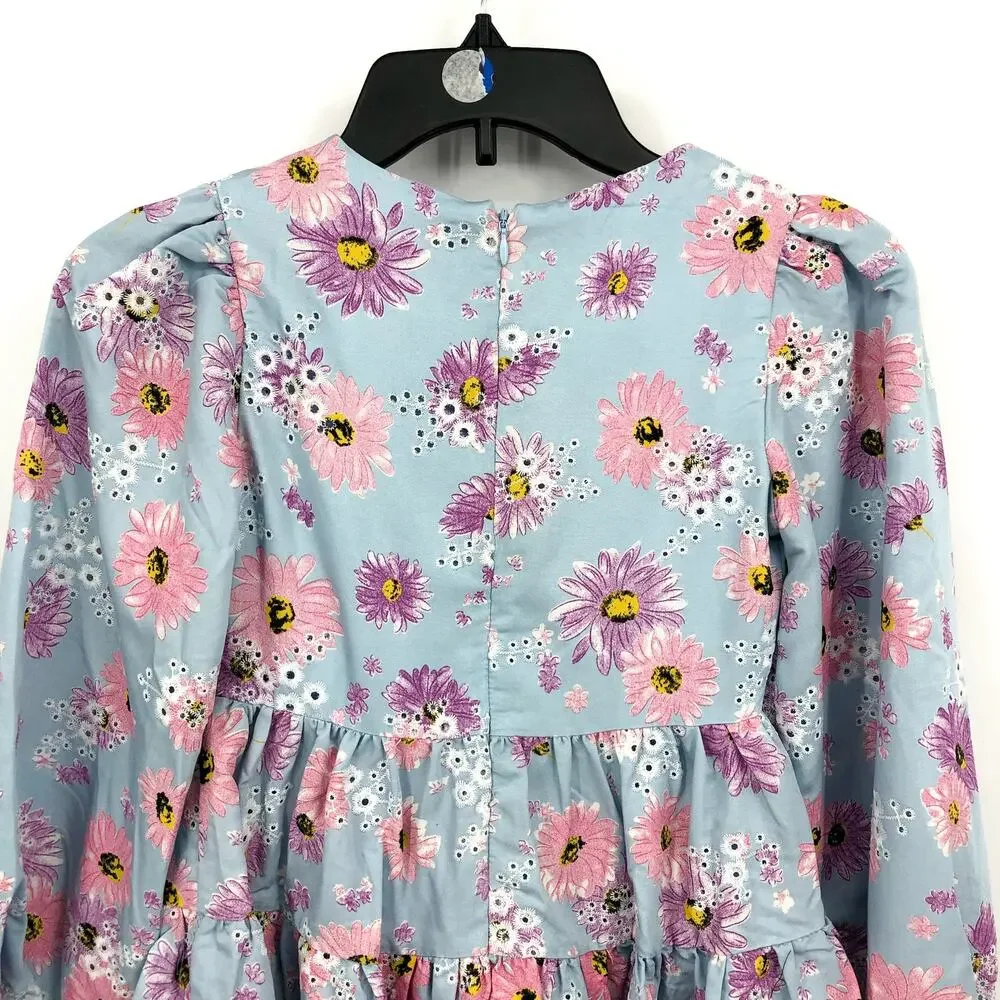 BARDOT Girls Ella Broderie Dress Size 8 Blue Floral Size Long Sleeve NWT
